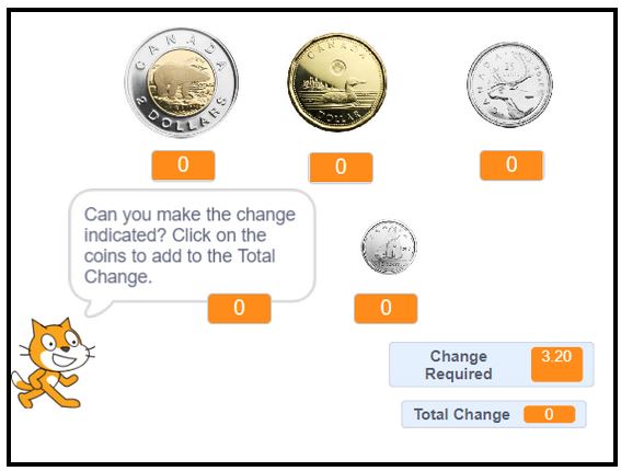An image of the Scratch programming screen with image of toonies, loonies, quarters, dimes and nickels for the user to click.