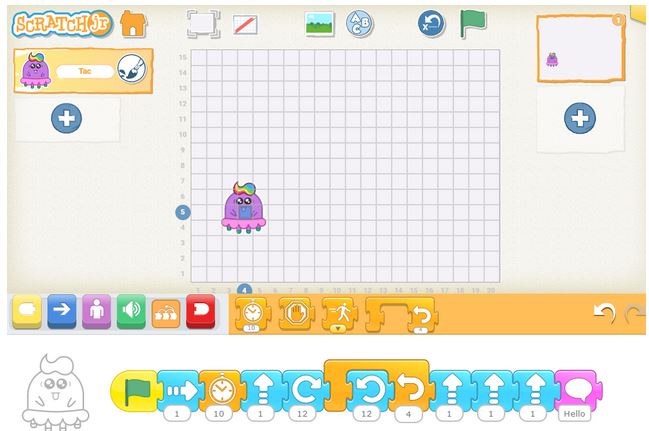 An image of the ScratchJr coding environment with a student's program displayed.